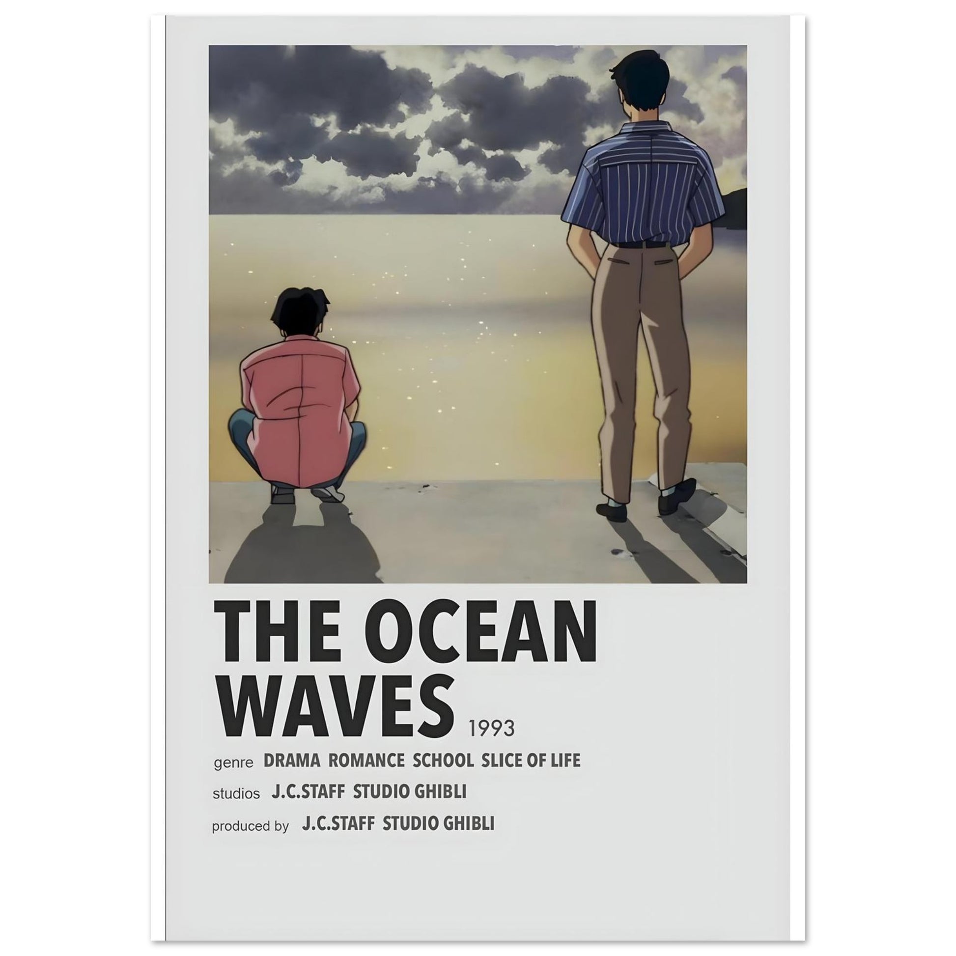 Minimalist movie poster for 'The Ocean Waves' featuring characters by the ocean, perfect for anime and studio Ghibli fans.