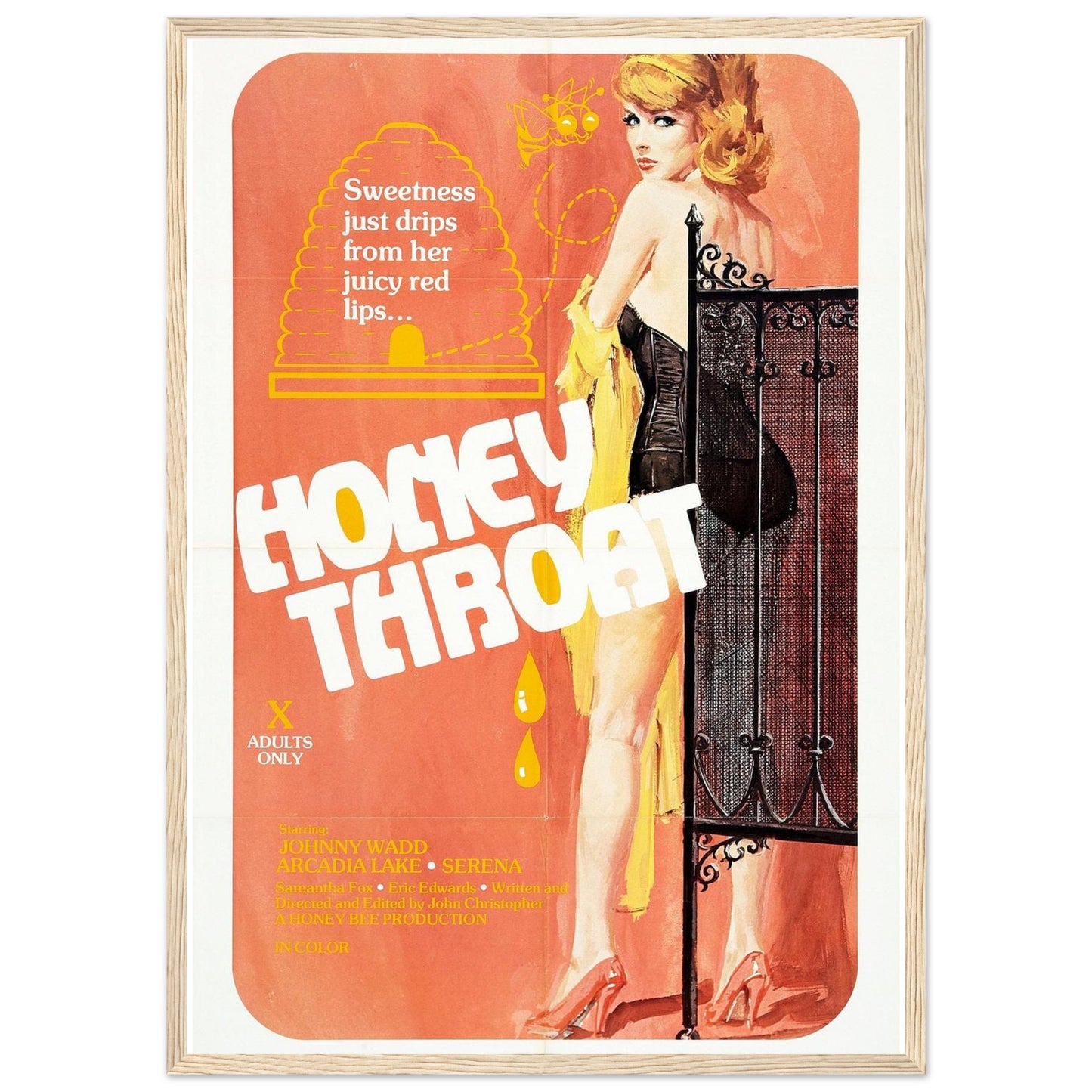 Framed vintage Honey Throat movie poster featuring bold colors and eye-catching design, perfect for collectors and enthusiasts.