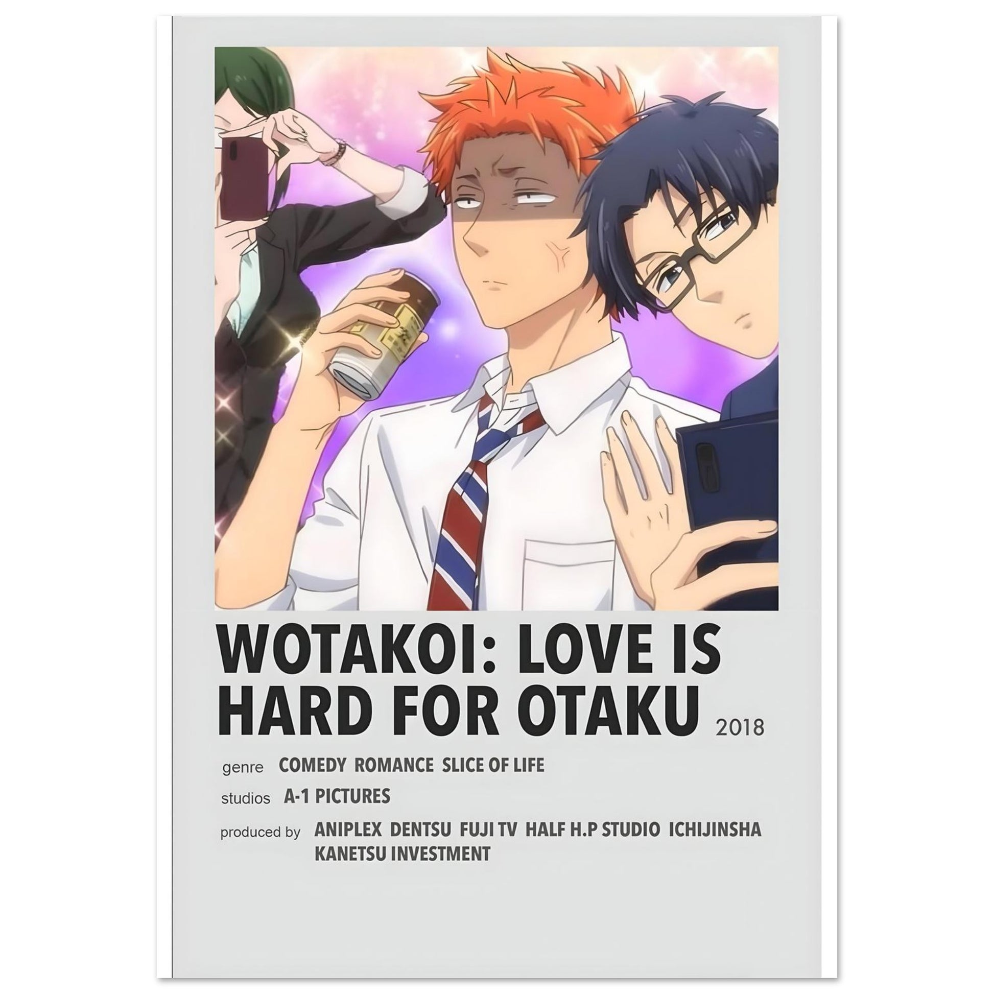 Wotakoi anime series art poster showcasing characters in casual moments, perfect wall decor for otaku fans.