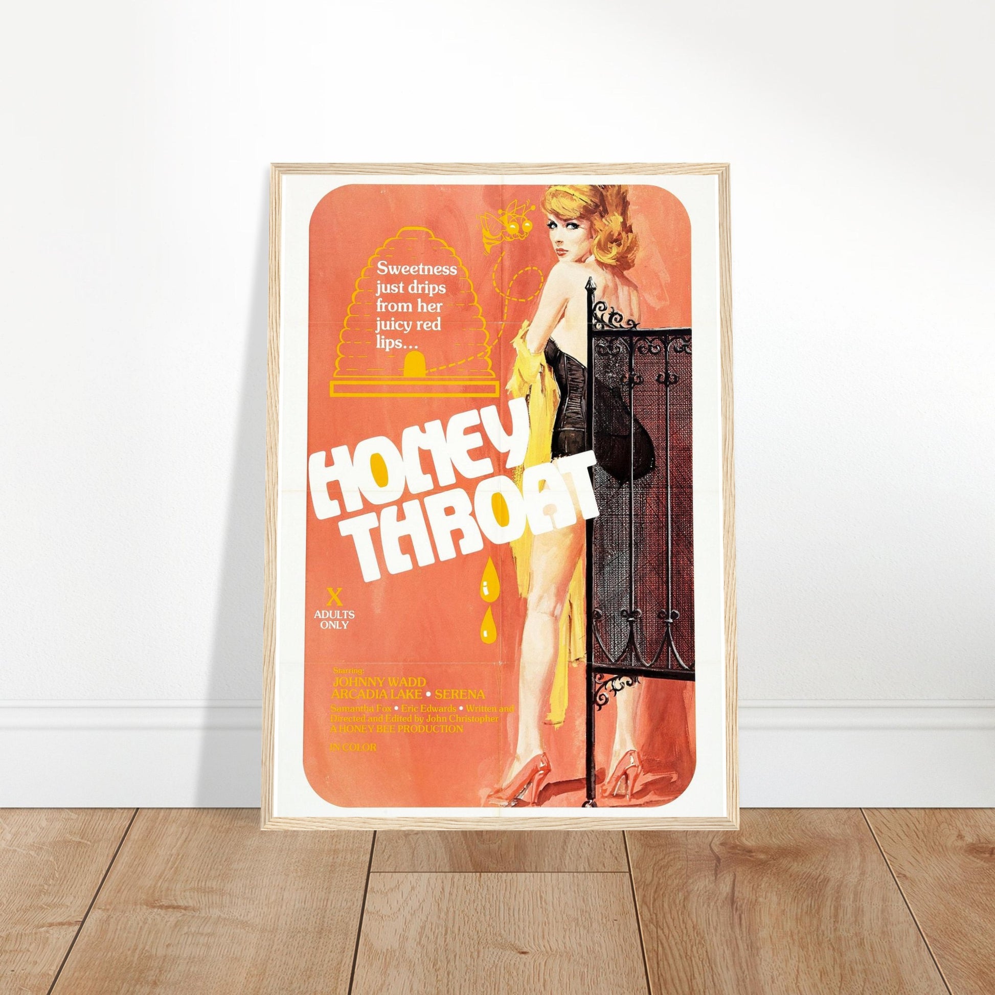 Framed poster titled 'Honey Throat,' featuring vibrant colors and vintage design on heavyweight matte paper.