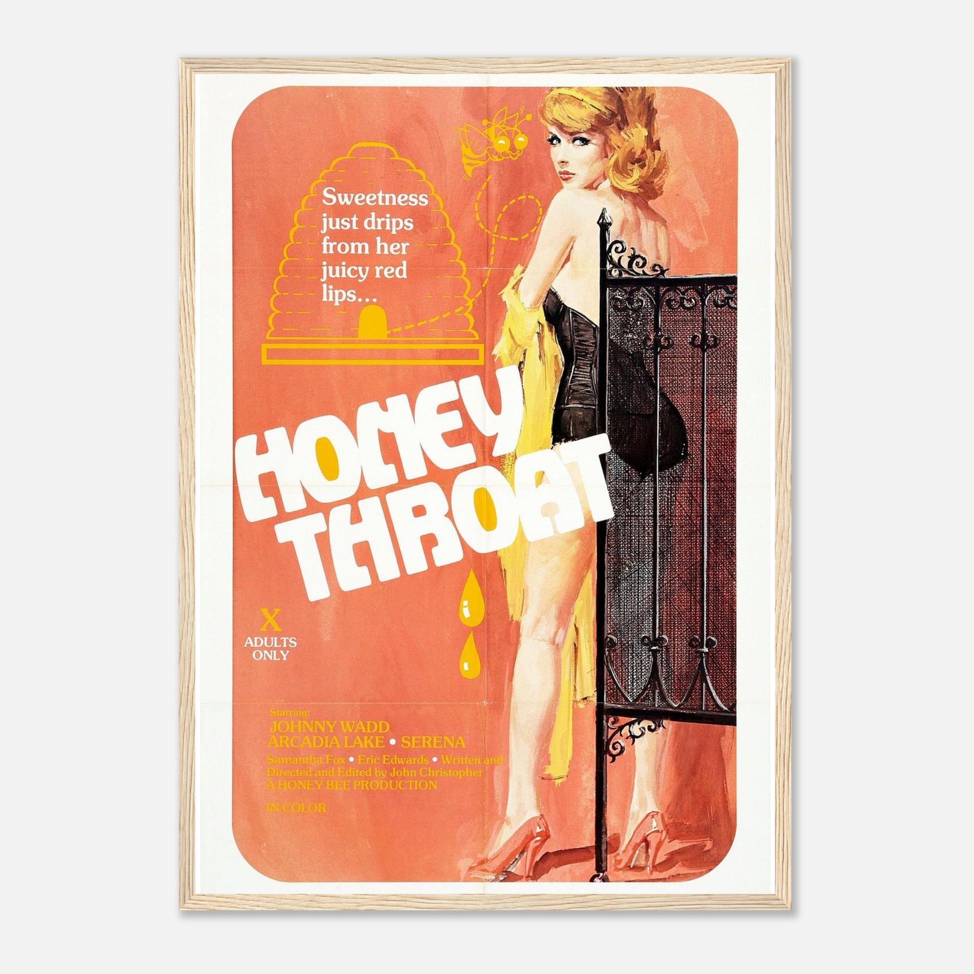 Framed poster of Honey Throat movie featuring a vintage design and bold colors, perfect for wall decor.