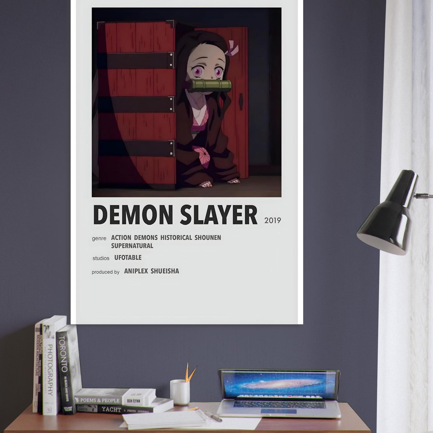 Demon Slayer minimalist anime poster with dark colors, featuring iconic character and modern text design. Perfect for collectors.