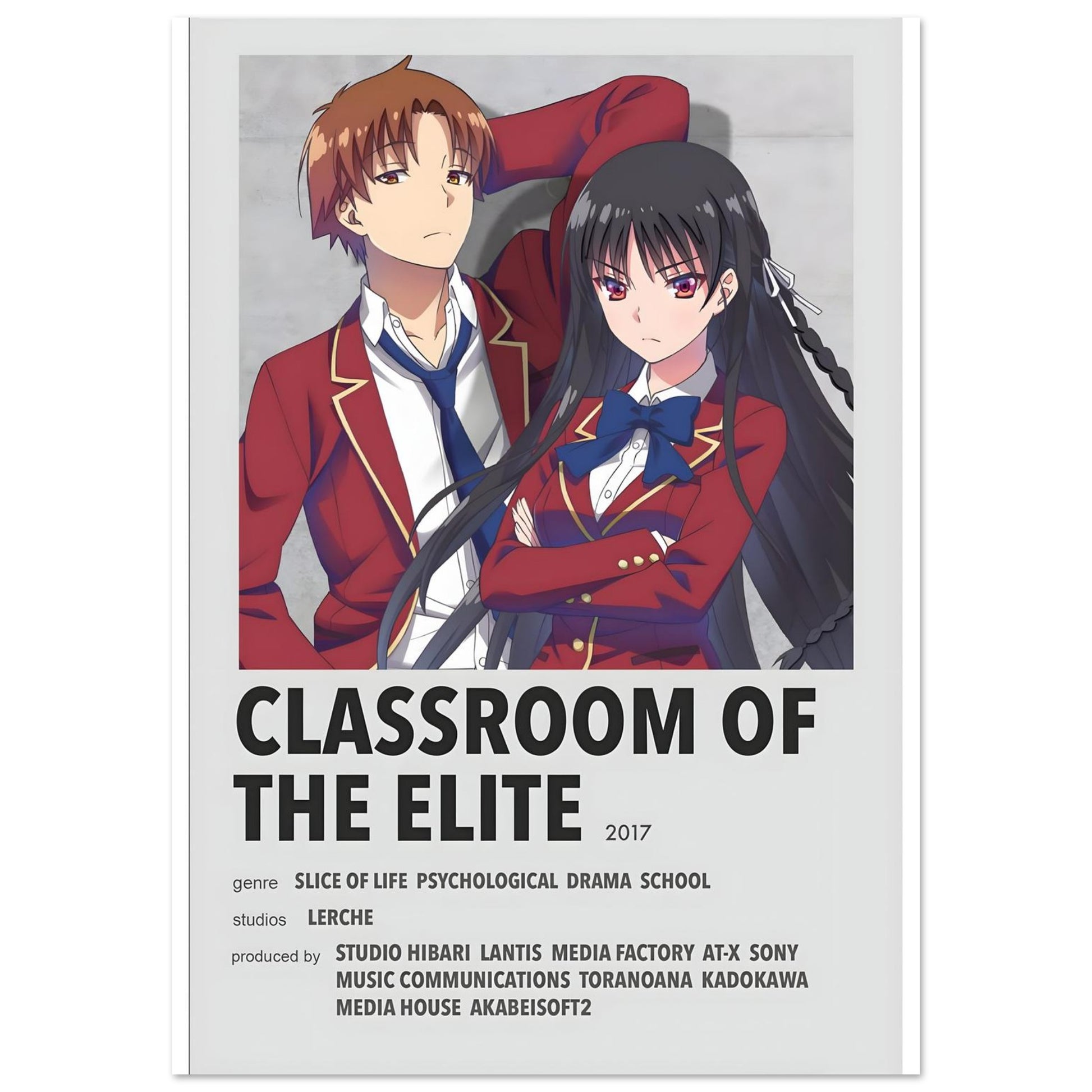 Classroom of the Elite anime series poster featuring main characters in stylish red uniforms, modern design for anime fans.