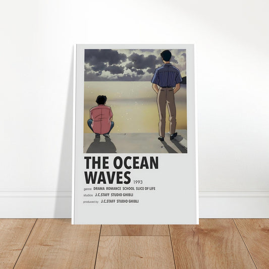 Minimalist anime movie poster for 'The Ocean Waves' featuring two figures by the ocean, ideal for wall art decor.