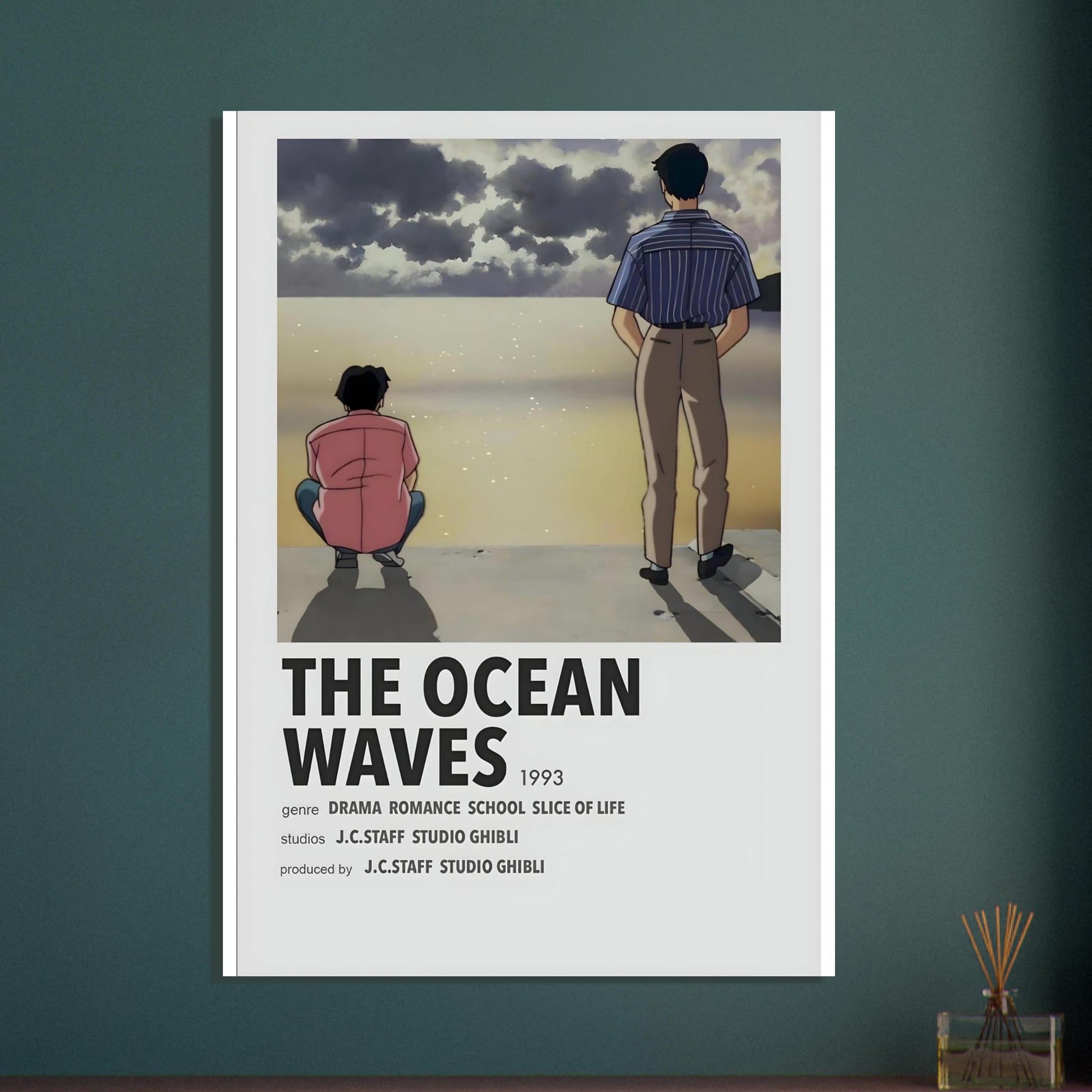 Minimalist movie poster for The Ocean Waves, featuring two figures by the sea in soft colors. Perfect for anime art lovers.