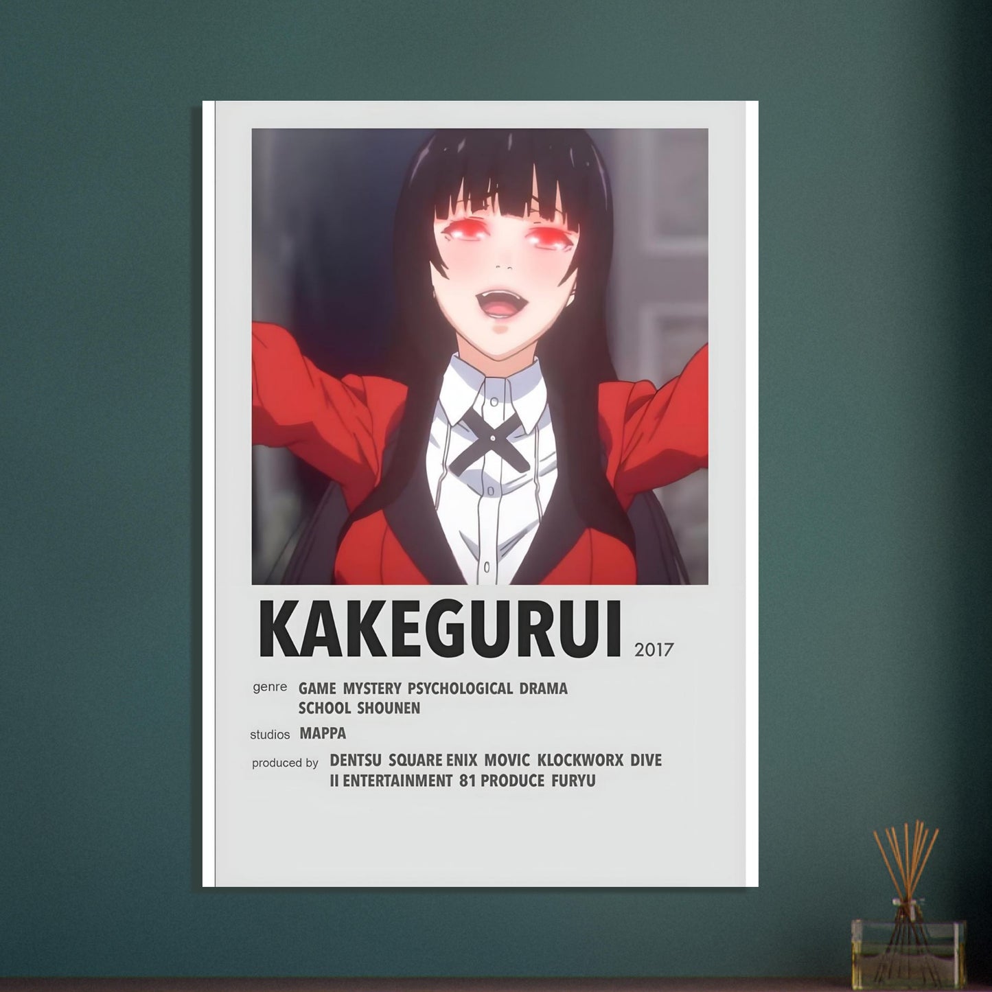Minimalist Kakegurui anime movie poster print featuring protagonist in red blazer. Ideal for anime and art lovers.