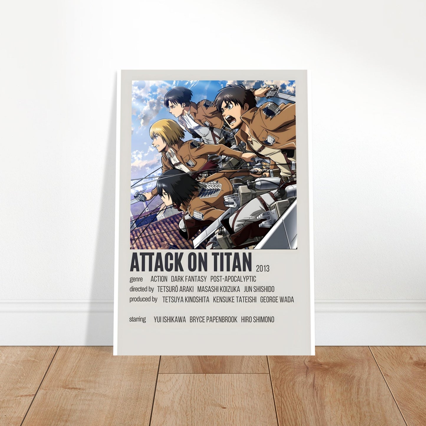 Attack on Titan Scout Regiment anime action poster showcasing characters in dynamic flight with impactful details and vibrant colors.